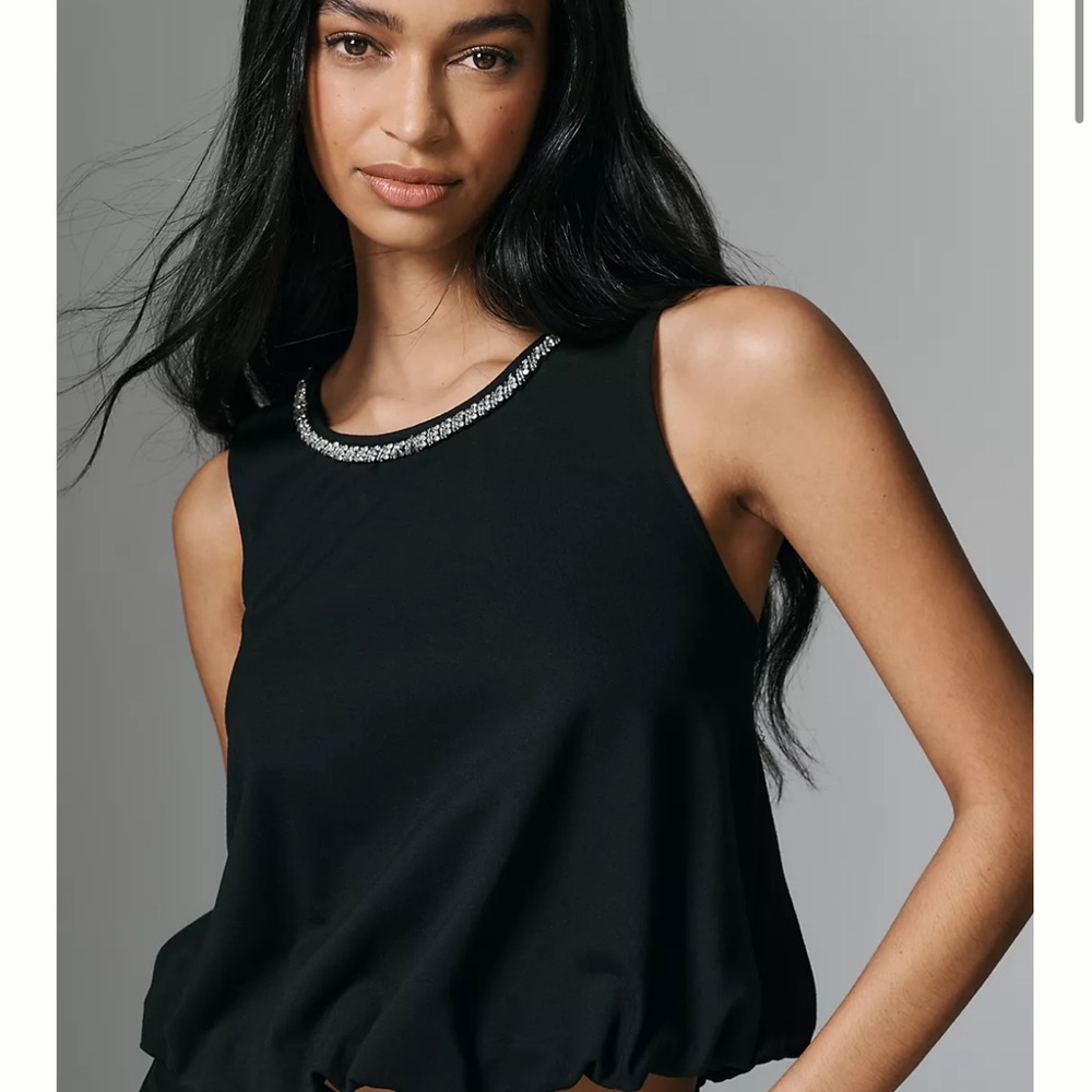 Maeve Black Sleeveless Tank with Beaded Silver Neckline